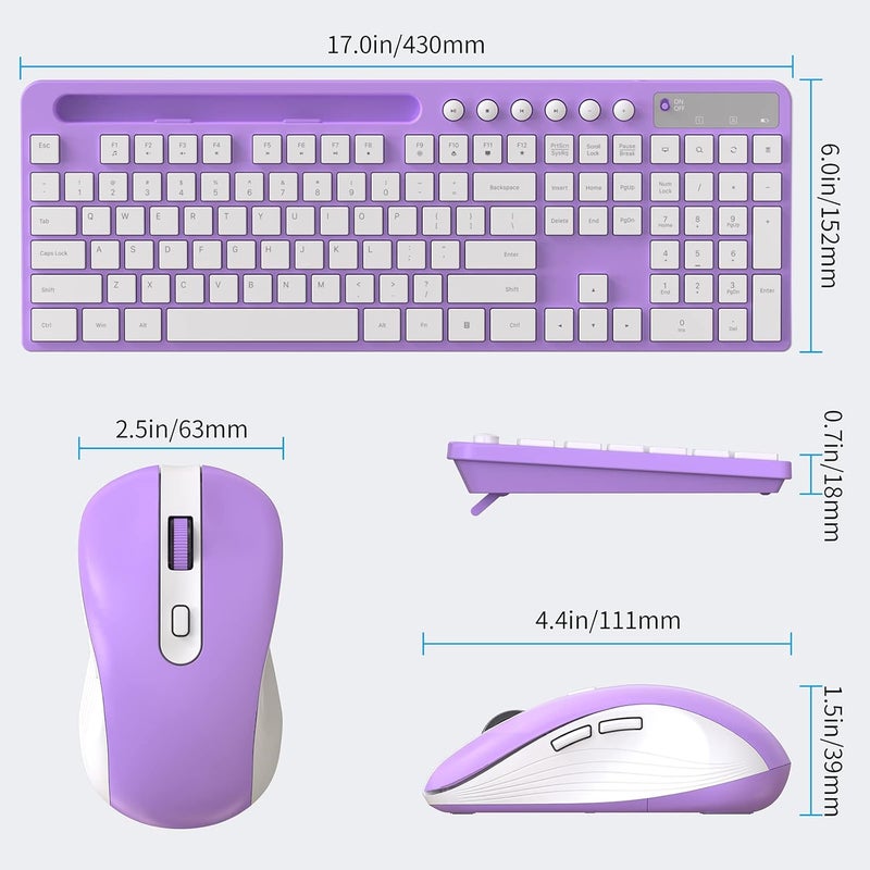MARVO Wireless Keyboard and Mouse Combo, 2.4G Ergonomic Wireless Computer Keyboard with Phone Tablet Holder, Silent Mouse with 6 Button, Compatible with MacBook, Windows (Purple) - Image 4